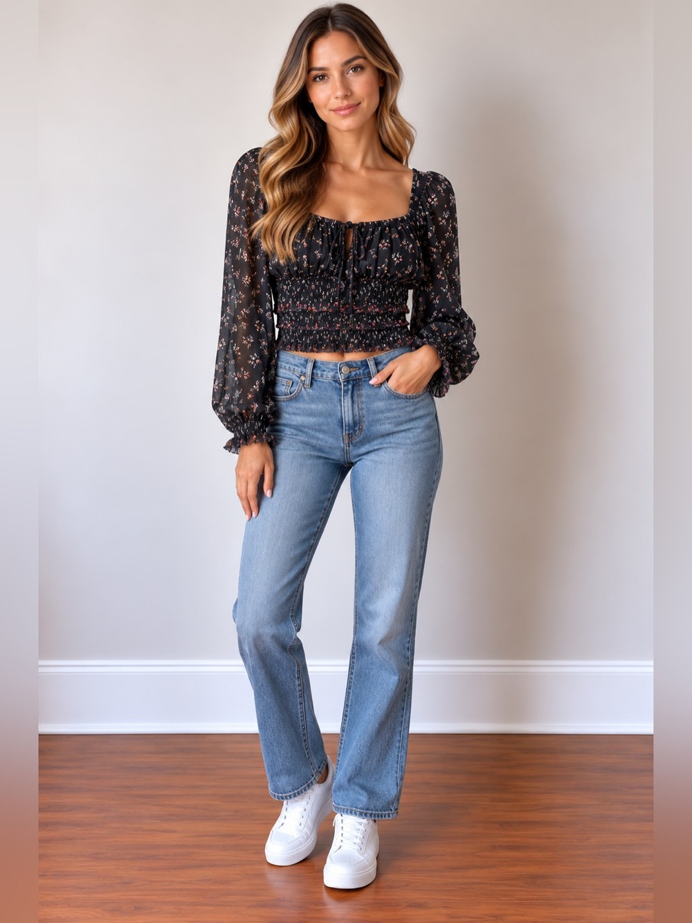 Free People Black Floral Smocked Peasant Blouse with Pink Accents